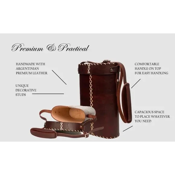 Argentine Leather Mate Bag - Travel and Home Use, Brown, 14.7x4.7in